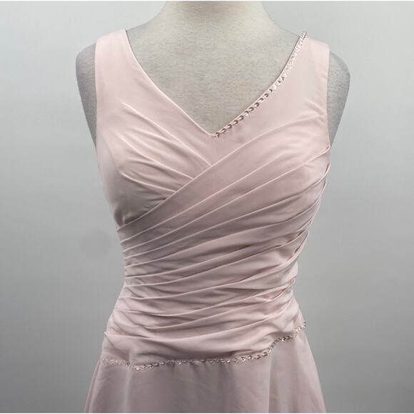 JJs House Chiffon Mini Dress Fit & Flare Pleated Bodice Vneck Blush Pink NEW 8 - Picture 3 of 13